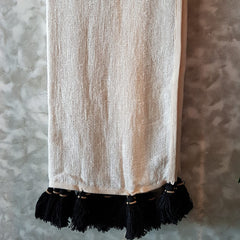 White Woven Cotton Throw with Black Tassels and Wooden Beads | 130×200cm