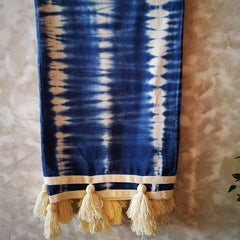 Navy & White Canvas Tie-Dye Throw with White Tassels | 138×215cm Handcrafted Cotton Canvas Blanket for Sofa & Bed