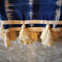 Navy & White Canvas Tie-Dye Throw with White Tassels | 138×215cm Handcrafted Cotton Canvas Blanket for Sofa & Bed