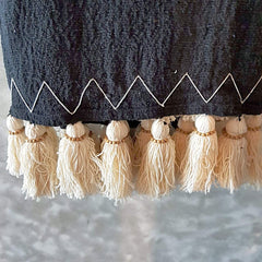 Black Raw Cotton Throw with White Stitched Hem and Beaded Tassels | 125×195cm