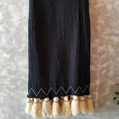 Black Raw Cotton Throw with White Stitched Hem and Beaded Tassels | 125×195cm