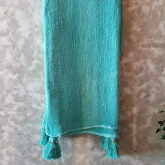 Baby Blue Raw Cotton Throw with Blue Beaded Tassels | 140×200cm Soft Lightweight Blanket