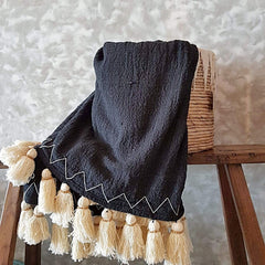 Black Raw Cotton Throw with White Stitched Hem and Beaded Tassels | 125×195cm