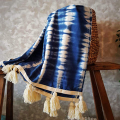 Navy & White Canvas Tie-Dye Throw with White Tassels | 138×215cm Handcrafted Cotton Canvas Blanket for Sofa & Bed