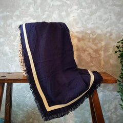 Navy Cotton Linen Throw with White Hem | 145×200cm Soft & Breathable Blanket for Sofa, Bed, and Travel