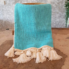 Aqua Blue Raw Cotton Throw with White Beaded Tassels | 140×200cm Soft & Bright Cotton Blanket for Sofa & Bed