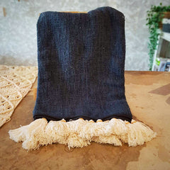 Dark Blue Raw Cotton Throw with Beaded Tassels | 152×214cm Soft & Breathable Cotton Blanket for Sofa & Bed