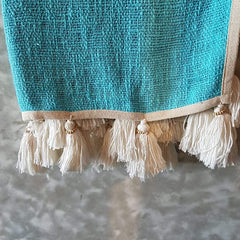 Aqua Blue Raw Cotton Throw with White Beaded Tassels | 140×200cm Soft & Bright Cotton Blanket for Sofa & Bed