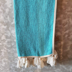 Aqua Blue Raw Cotton Throw with White Beaded Tassels | 140×200cm Soft & Bright Cotton Blanket for Sofa & Bed