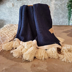 Navy Blue Raw Cotton Throw with Natural Beaded Tassels | 140×200cm Soft Cotton Blanket for Sofa & Bed