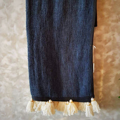 Dark Blue Raw Cotton Throw with Beaded Tassels | 152×214cm Soft & Breathable Cotton Blanket for Sofa & Bed