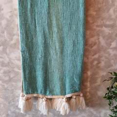 Soft Baby Blue Woven Cotton Throw with Natural Tassels and Wooden Beads | 130×200cm