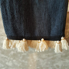 Dark Blue Raw Cotton Throw with Beaded Tassels | 152×214cm Soft & Breathable Cotton Blanket for Sofa & Bed