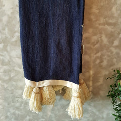 Navy Blue Raw Cotton Throw with Natural Beaded Tassels | 140×200cm Soft Cotton Blanket for Sofa & Bed