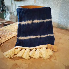 Navy & White Tie-Dye Raw Cotton Throw with White Tassels | 145×200cm Soft Handmade Cotton Blanket for Sofa & Bed