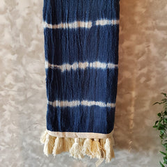 Navy & White Tie-Dye Raw Cotton Throw with White Tassels | 145×200cm Soft Handmade Cotton Blanket for Sofa & Bed