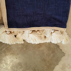 Navy Blue Raw Cotton Throw with Natural Beaded Tassels | 140×200cm Soft Cotton Blanket for Sofa & Bed