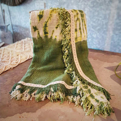 Green & White Tie-Dye Raw Cotton Throw with Green Fringe | 140×200cm Soft & Breathable Cotton Blanket for Sofa & Bed
