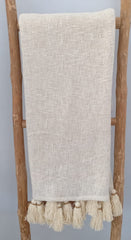 White Woven Cotton Throw with Black Tassels and Wooden Beads | 130×200cm