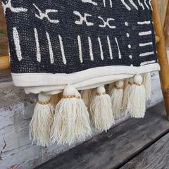 Natural Cotton Throw with Abstract Motif and Beaded Tassels | 145×216cm
