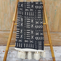 Natural Cotton Throw with Abstract Motif and Beaded Tassels | 145×216cm
