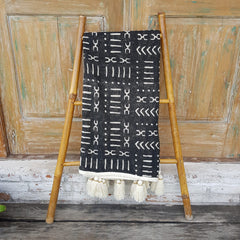 Natural Cotton Throw with Abstract Motif and Beaded Tassels | 145×216cm