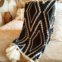 Black Cotton Throw with Diamond Pattern and Wooden Beaded Tassels | 125×200cm