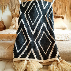 Black Cotton Throw with Diamond Pattern and Wooden Beaded Tassels | 125×200cm