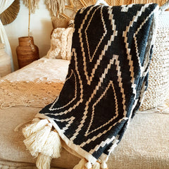 Black Cotton Throw with Diamond Pattern and Wooden Beaded Tassels | 125×200cm