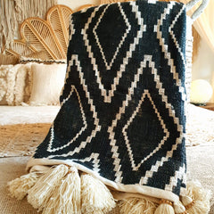 Black Cotton Throw with Diamond Pattern and Wooden Beaded Tassels | 125×200cm