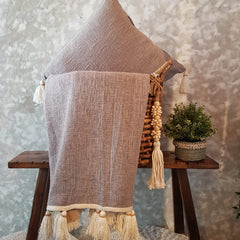 Grey Raw Cotton Throw with Natural Beaded Tassels | 125×195cm