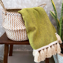 Lime Green Raw Cotton Throw with White Tassels | 140×200cm Soft & Breathable Cotton Blanket for Sofa & Bed