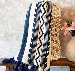 Navy Blue Tribal Pattern Raw Cotton Throw with Tassels | 140×200cm Boho-Inspired Woven Blanket