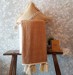 Light Brown Raw Cotton Throw with Natural Beaded Tassels | 140×200cm Soft & Cozy Blanket for Sofa & Bed