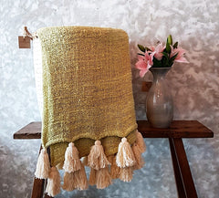 Throw Baby Green Soft Raw Cotton with Natural Tassels | 140×200cm Light & Airy Cotton Blanket for Sofa & Bed