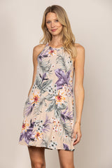 Sleeveless Floral Print Halter Dress|High Neck A-Line Mini Dress|Lightweight Elegant Vacation Dress