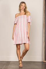 Pink and White Striped Off-Shoulder Dress|Loose Fit Short Summer Dress|Lightweight and Elegant Casual Outfit
