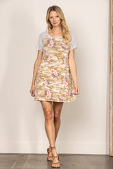 Light Yellow Floral Short Sleeve Dress|High Waist A-Line Summer Mini Dress|Elegant and Casual Vacation Style