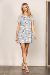 Light Blue Floral Print Short Sleeve Dress|V-Neck Summer Mini Dress|Slim-Fit High Waist Casual Dress for Vacation or Daily Wear