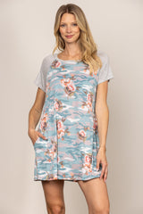 Light Blue Floral Print Short Sleeve Dress|V-Neck Summer Mini Dress|Slim-Fit High Waist Casual Dress for Vacation or Daily Wear