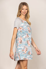 Light Blue Floral Print Short Sleeve Dress|V-Neck Summer Mini Dress|Slim-Fit High Waist Casual Dress for Vacation or Daily Wear