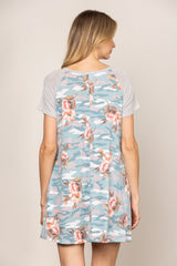 Light Blue Floral Print Short Sleeve Dress|V-Neck Summer Mini Dress|Slim-Fit High Waist Casual Dress for Vacation or Daily Wear