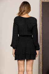 Black V-Neck Long Sleeve Pleated Dress|Elegant Slim Fit A-Line Mini Dress|Chic Autumn/Winter Style