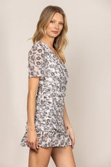 Gray and White Floral V-Neck Dress|Short Sleeve Puff Dress|Slim Fit Waist Mini Dress for Summer Casual or Date Wear