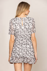 Gray and White Floral V-Neck Dress|Short Sleeve Puff Dress|Slim Fit Waist Mini Dress for Summer Casual or Date Wear