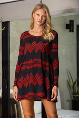 Red and Black Pattern Long Sleeve Dress|Loose Fit Round Neck Mini Dress|Casual Retro Autumn Outfit