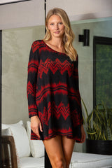 Red and Black Pattern Long Sleeve Dress|Loose Fit Round Neck Mini Dress|Casual Retro Autumn Outfit