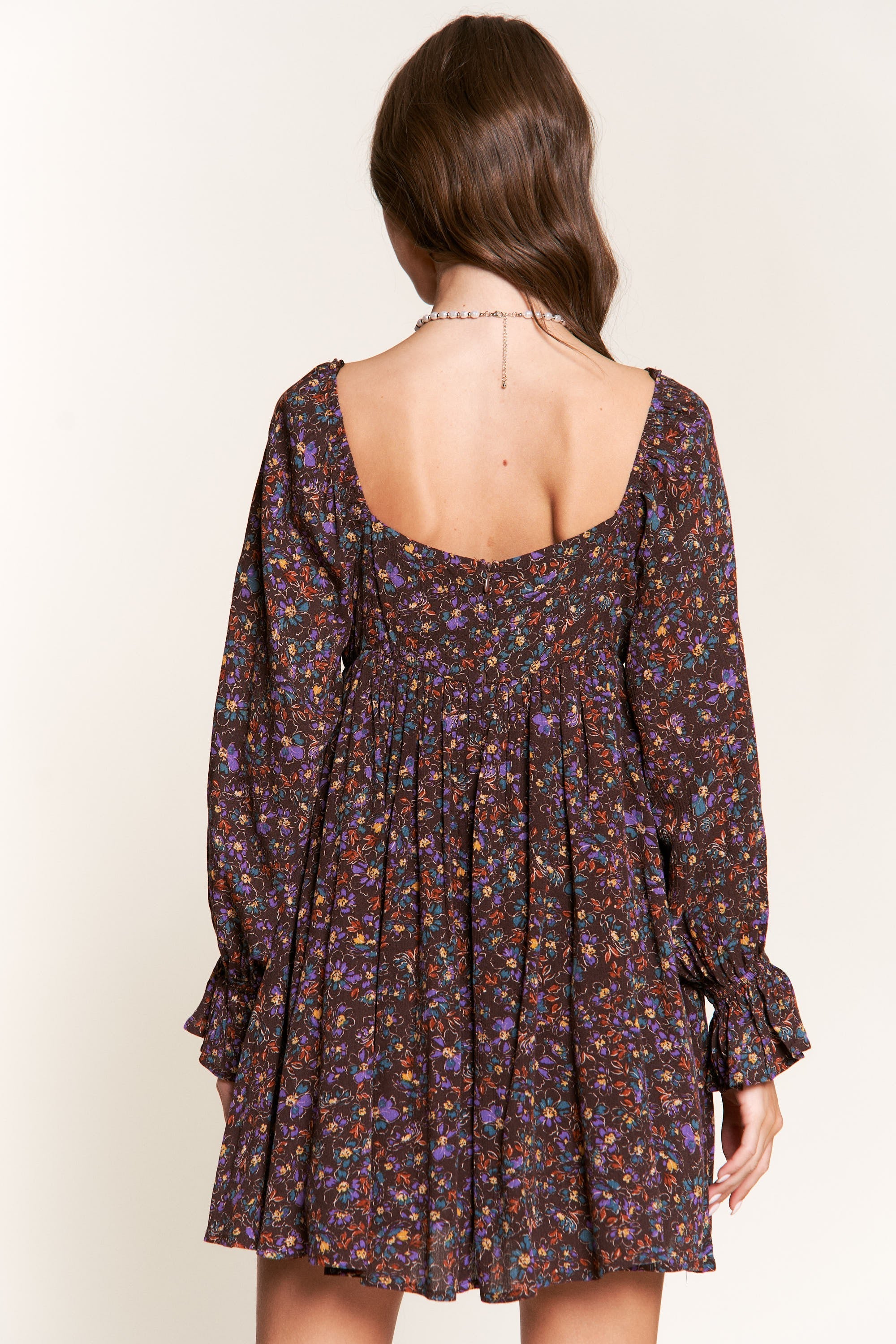 Dark Floral Long Sleeve Dress｜Square Neck Loose A-Line Mini Dress｜Lightweight Chiffon Autumn Outfit