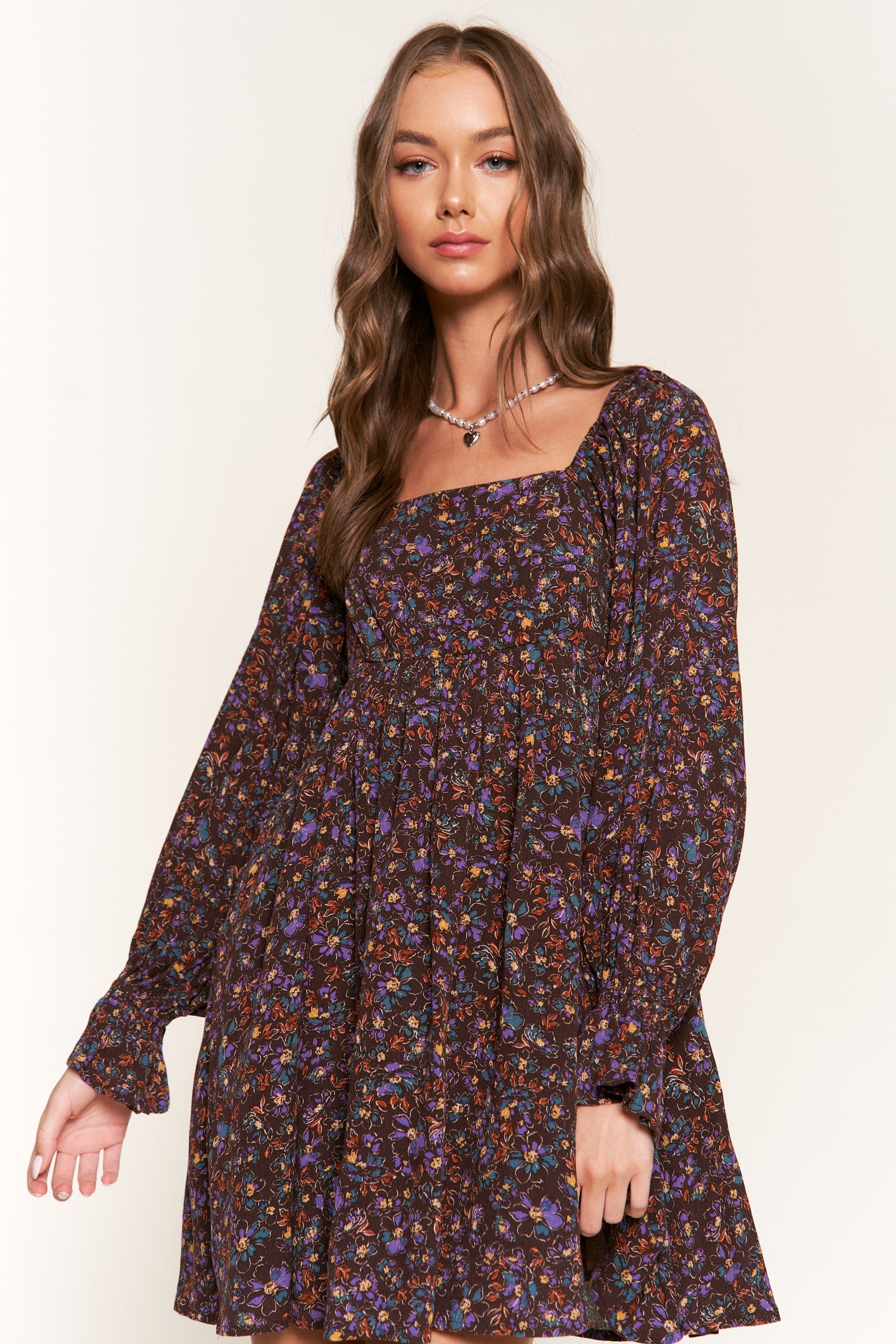 Dark Floral Long Sleeve Dress｜Square Neck Loose A-Line Mini Dress｜Lightweight Chiffon Autumn Outfit