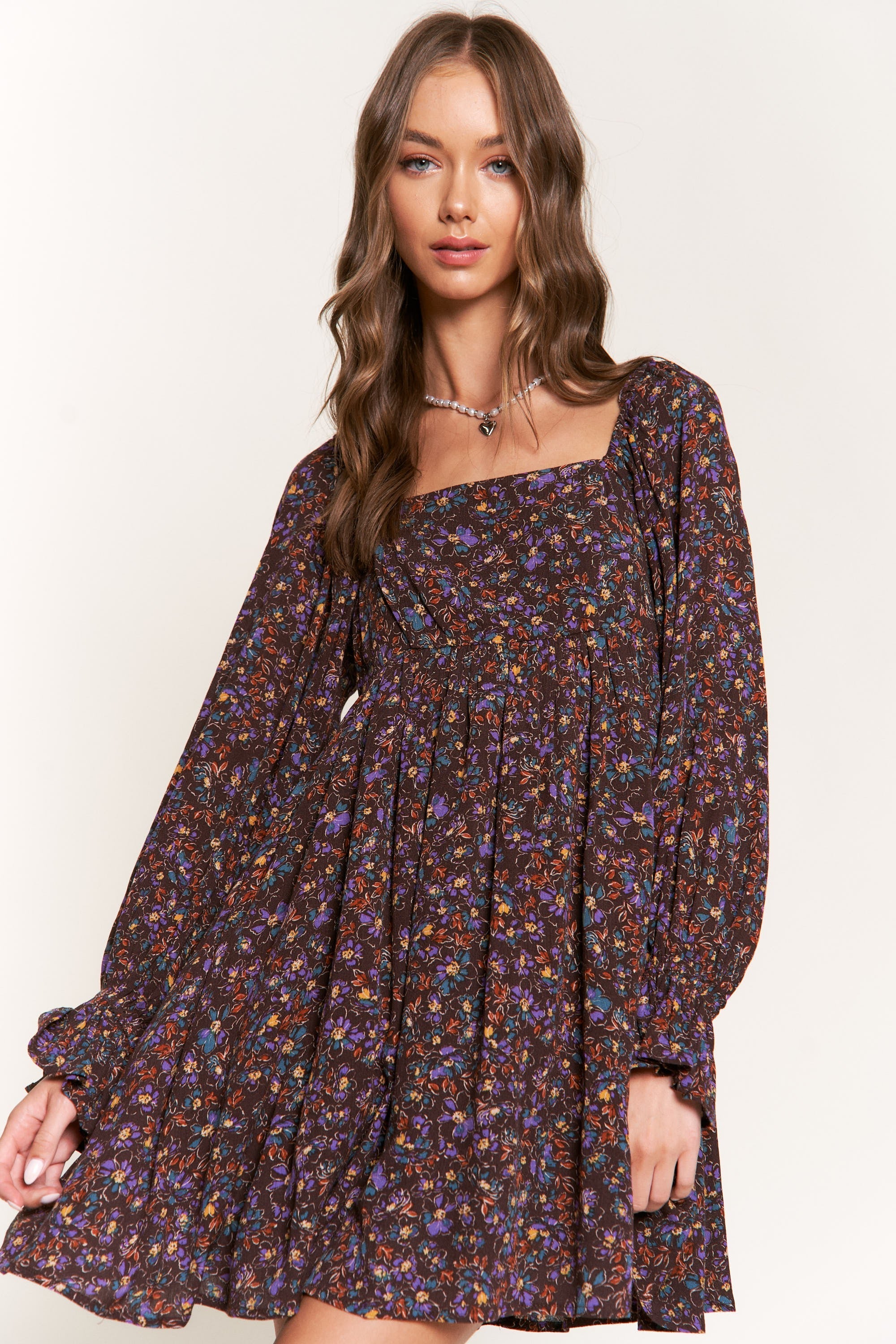 Dark Floral Long Sleeve Dress｜Square Neck Loose A-Line Mini Dress｜Lightweight Chiffon Autumn Outfit